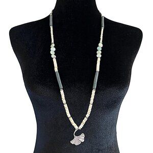 Long Beaded Necklace Leaf Pendant Cream Green Blue 33 Inch Length